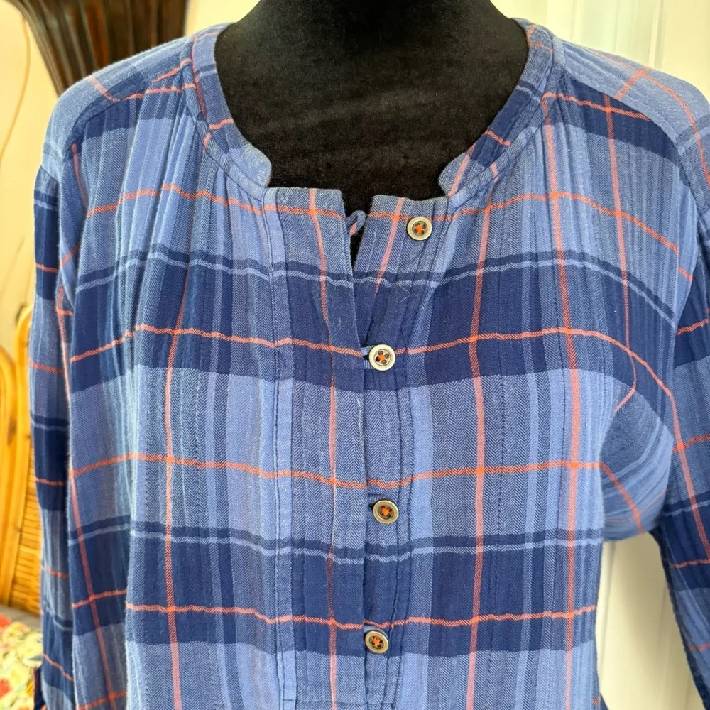 Anthropologie HOLDING HORSES Blue Plaid Long Cotton Tunic Casual Shirt! Great. L - Picture 3 of 9